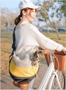 一名女子騎著腳踏車，袋子裡裝著一隻貓。