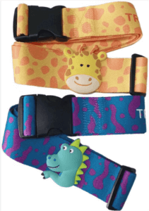 三個行李帶，上面有長頸鹿和恐龍。