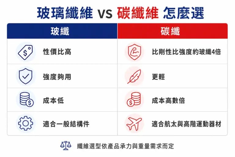 玻璃纖維與碳纖維的特性與成本比較：玻纖性價比高、碳纖更輕更剛但更貴