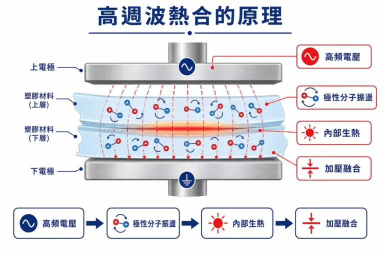 高週波熱合原理：電極間高頻電場讓極性塑膠分子振盪、從內部生熱融合