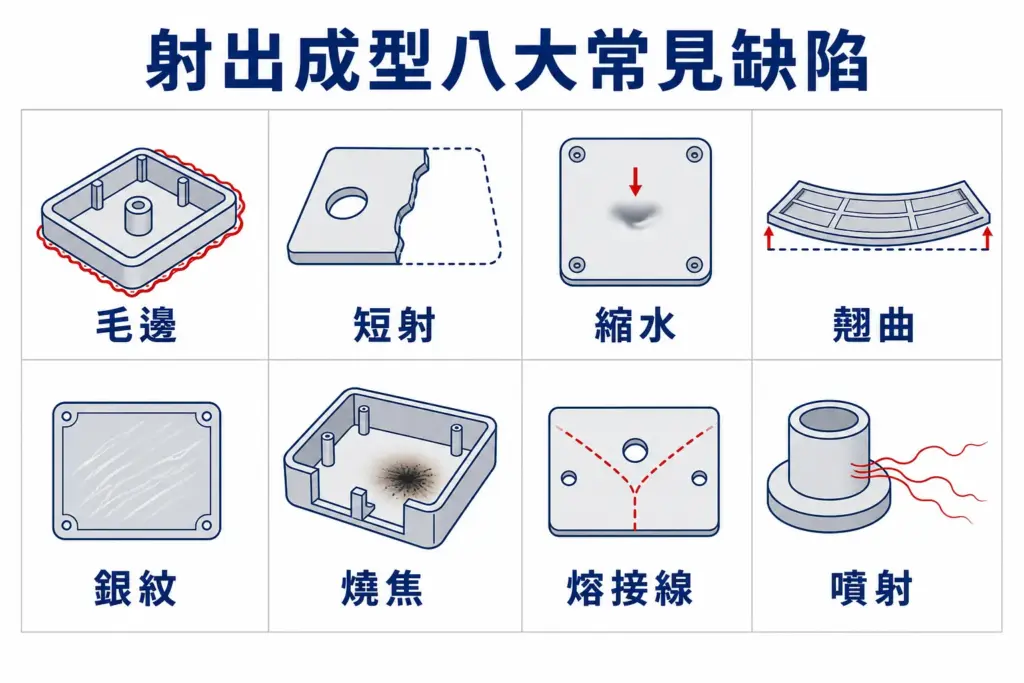 射出成型八大常見缺陷：毛邊、短射、縮水、翘曲、銀紋、燒焦、融接線、噌射