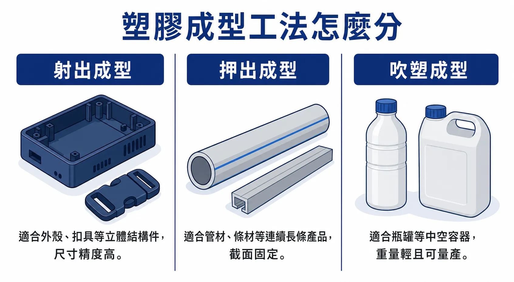 射出、押出、吹塑怎麼分 塑膠成型工法比較:射出做結構件、押出做長條、吹塑做容器