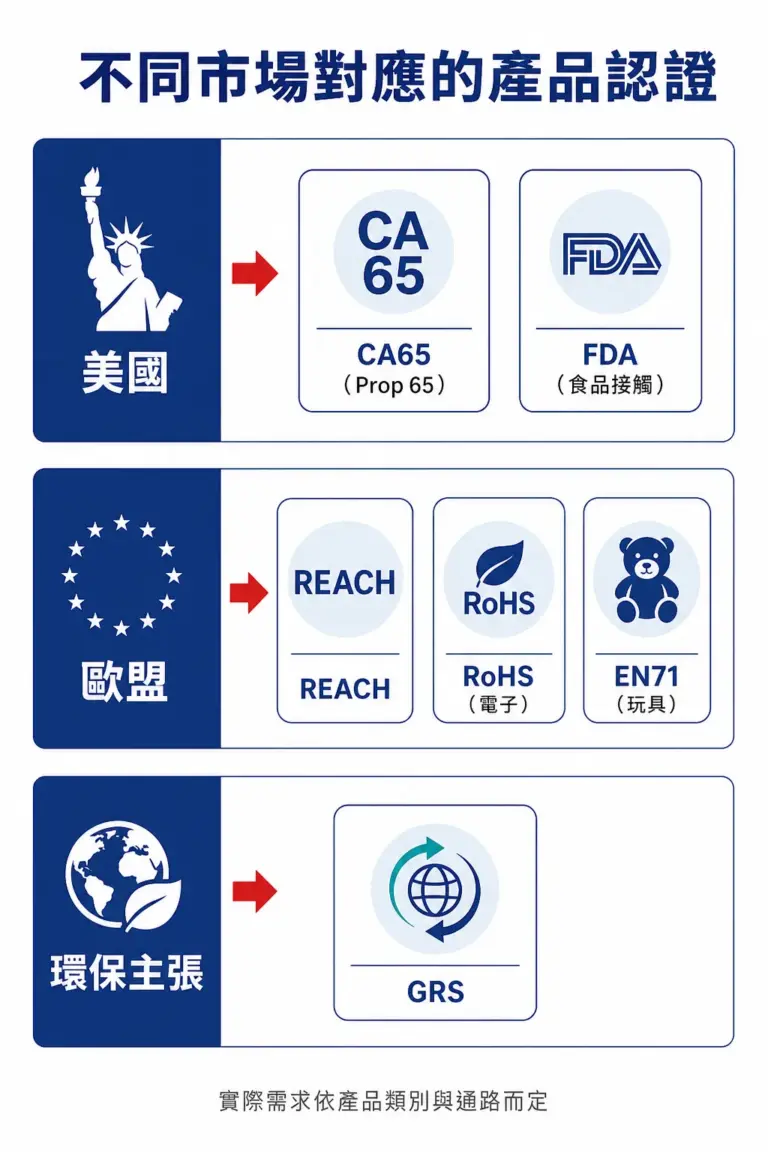 市場與產品認證對照：美國看 CA65 與 FDA、歐盟看 REACH RoHS EN71、環保主張看 GRS