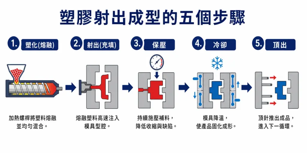 塑膠射出成型五步驟：塑化、射出、保壓、冷卻、頂出