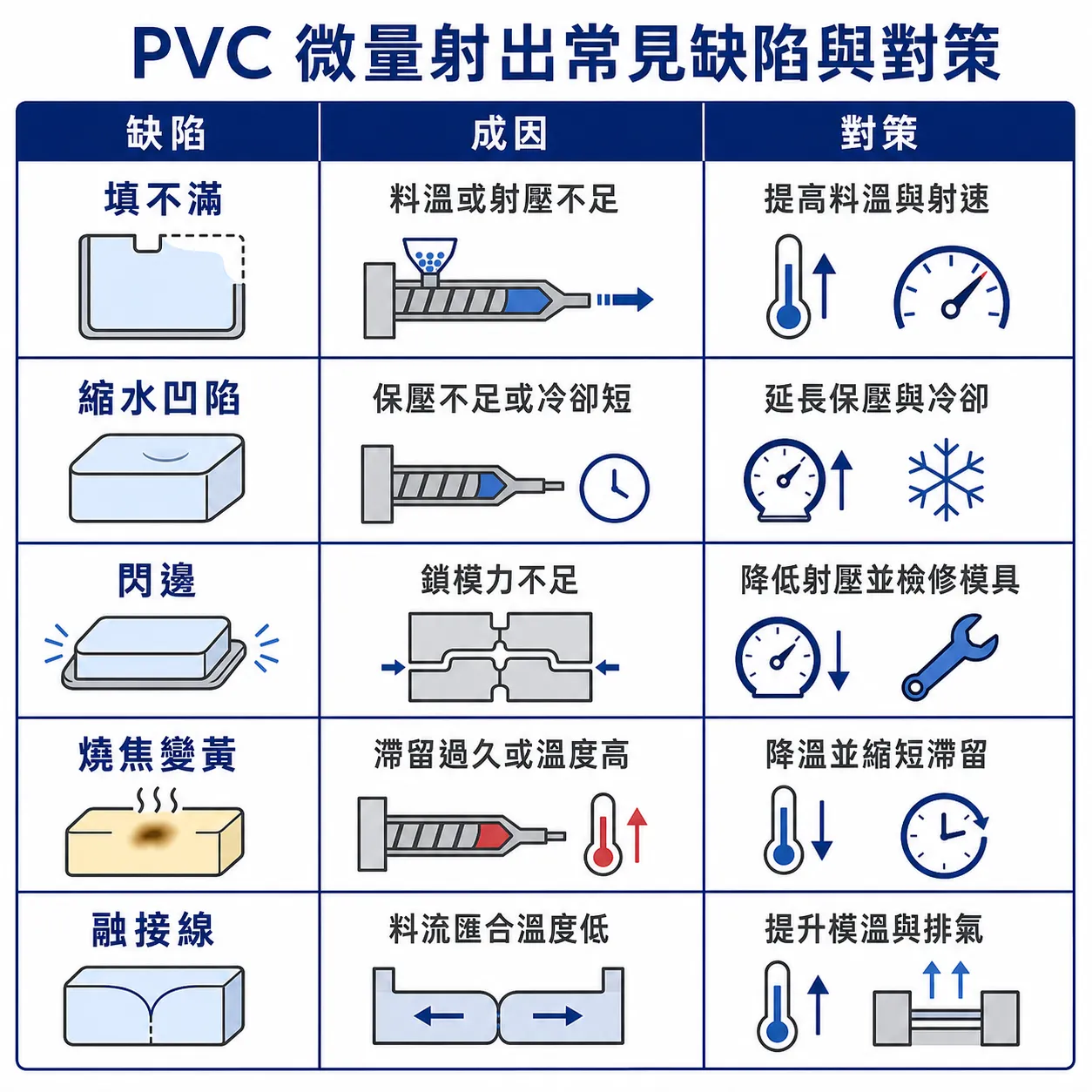 PVC 微量射出常見缺陷與對策：填不滿、縮水、閃邊、燒焦、融接線